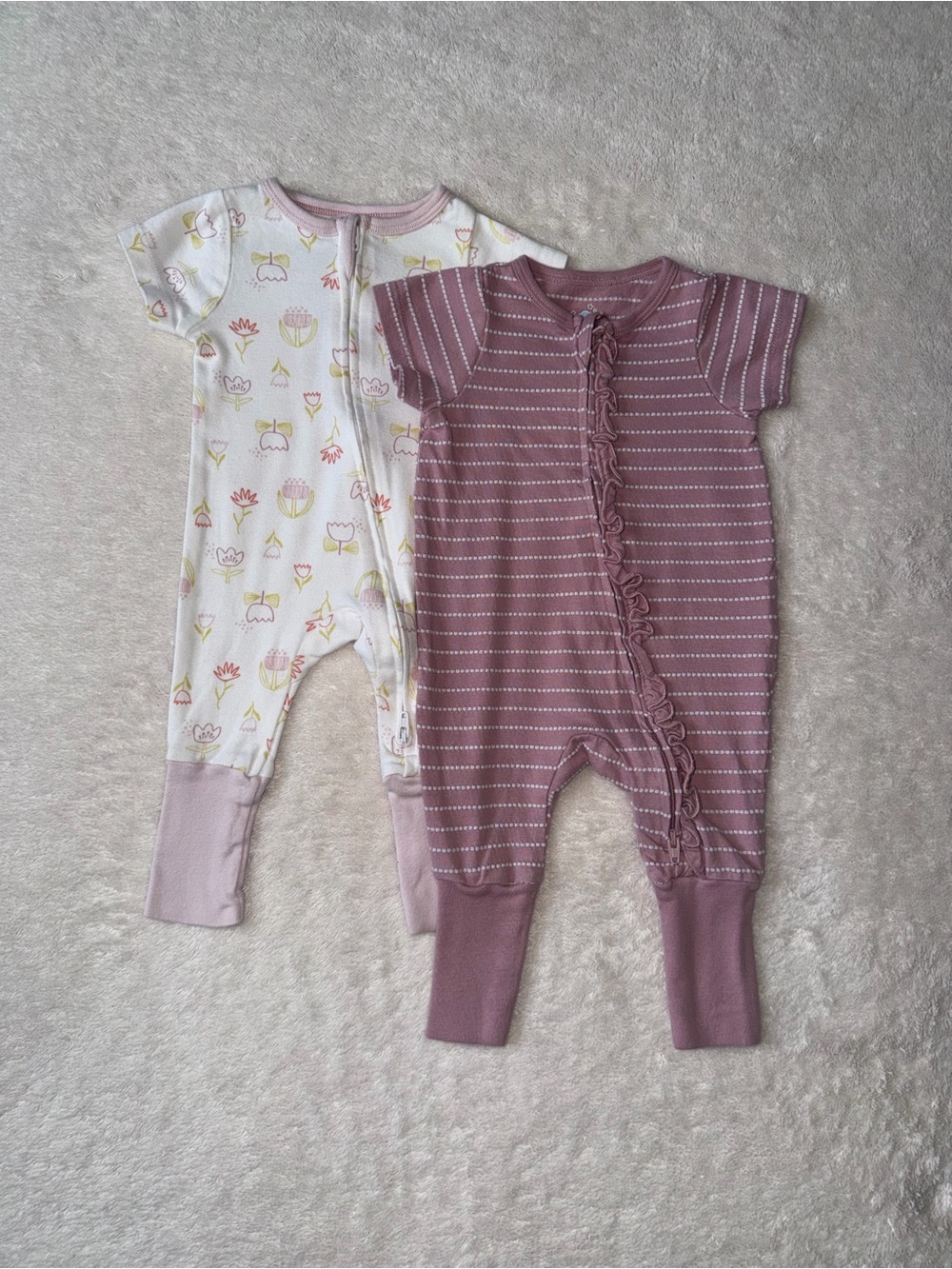 cloud island Mauve Stripe & Cream Floral Ruffle One-Piece Rompers